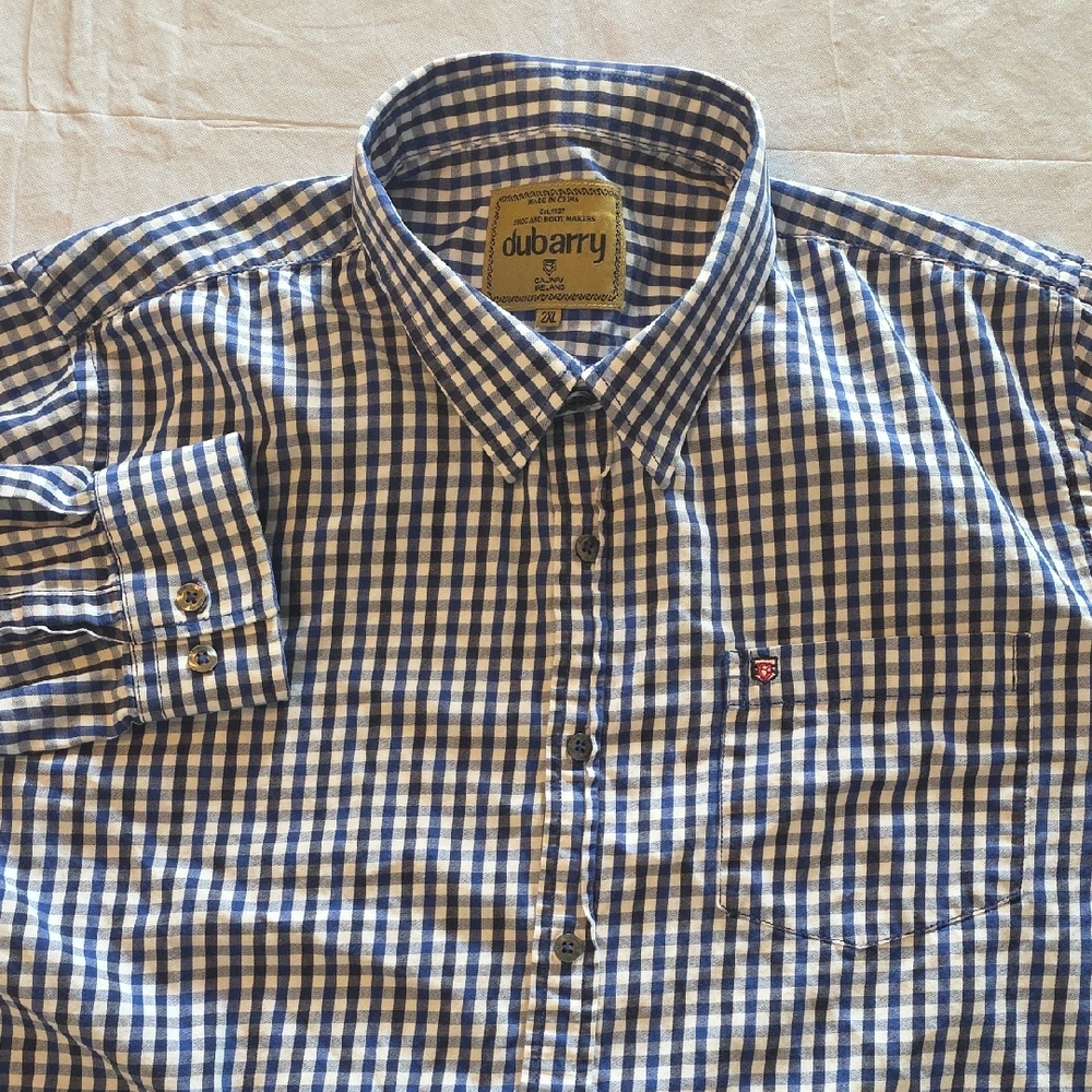 Dubarry‎ Galway Ireland Blue White Check Button Down Long Sleeve Shirt 2XL